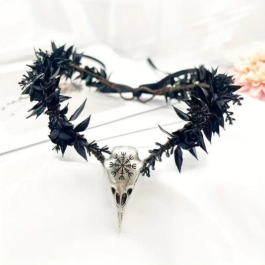 Diademă vintage gotică în stil viking, cu pandantiv floral, reglabilă