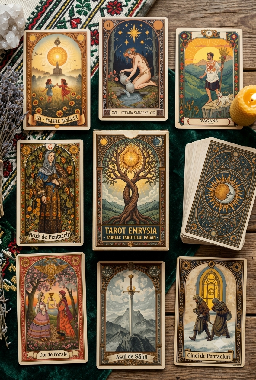 Set Tarot Emrysia – Tainele Tarotului Păgân (78 Cărți + Ghid)
